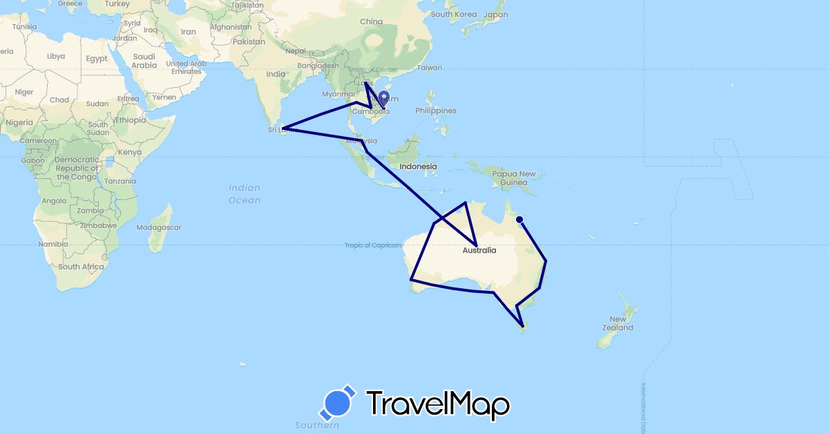TravelMap itinerary: driving in Australia, Indonesia, Cambodia, Laos, Sri Lanka, Malaysia, Singapore, Thailand, Vietnam (Asia, Oceania)